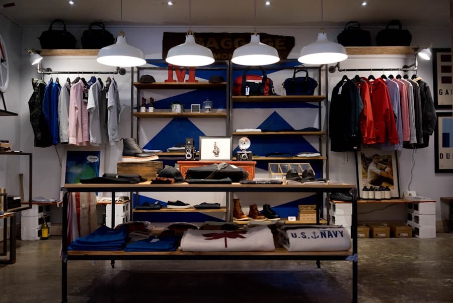 Interior de una tienda de ropa con productos en exhibición